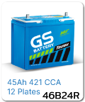 แบตเตอรี่รถยนต์ gs ราคา รถ เก๋ง ตู้ กระบะ บรรทุก 46b24r 12 โวลท์ 45 แอมป์ 421 CCA