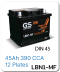 แบตเตอรี่รถยนต์ gs ราคา รถ เก๋ง ตู้ กระบะ บรรทุก lbn1-mf 12 โวลท์ 45 แอมป์ 390 CCA