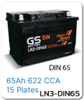 แบตเตอรี่รถยนต์ gs ราคา รถ เก๋ง ตู้ กระบะ บรรทุก ln3-din65 12 โวลท์ 65 แอมป์ 622 CCA