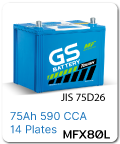 แบตเตอรี่รถยนต์ gs ราคา รถ เก๋ง ตู้ กระบะ บรรทุก mfx80l 12 โวลท์ 75 แอมป์ 590 CCA
