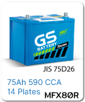 แบตเตอรี่รถยนต์ gs ราคา รถ เก๋ง ตู้ กระบะ บรรทุก mfx80r 12 โวลท์ 75 แอมป์ 590 CCA